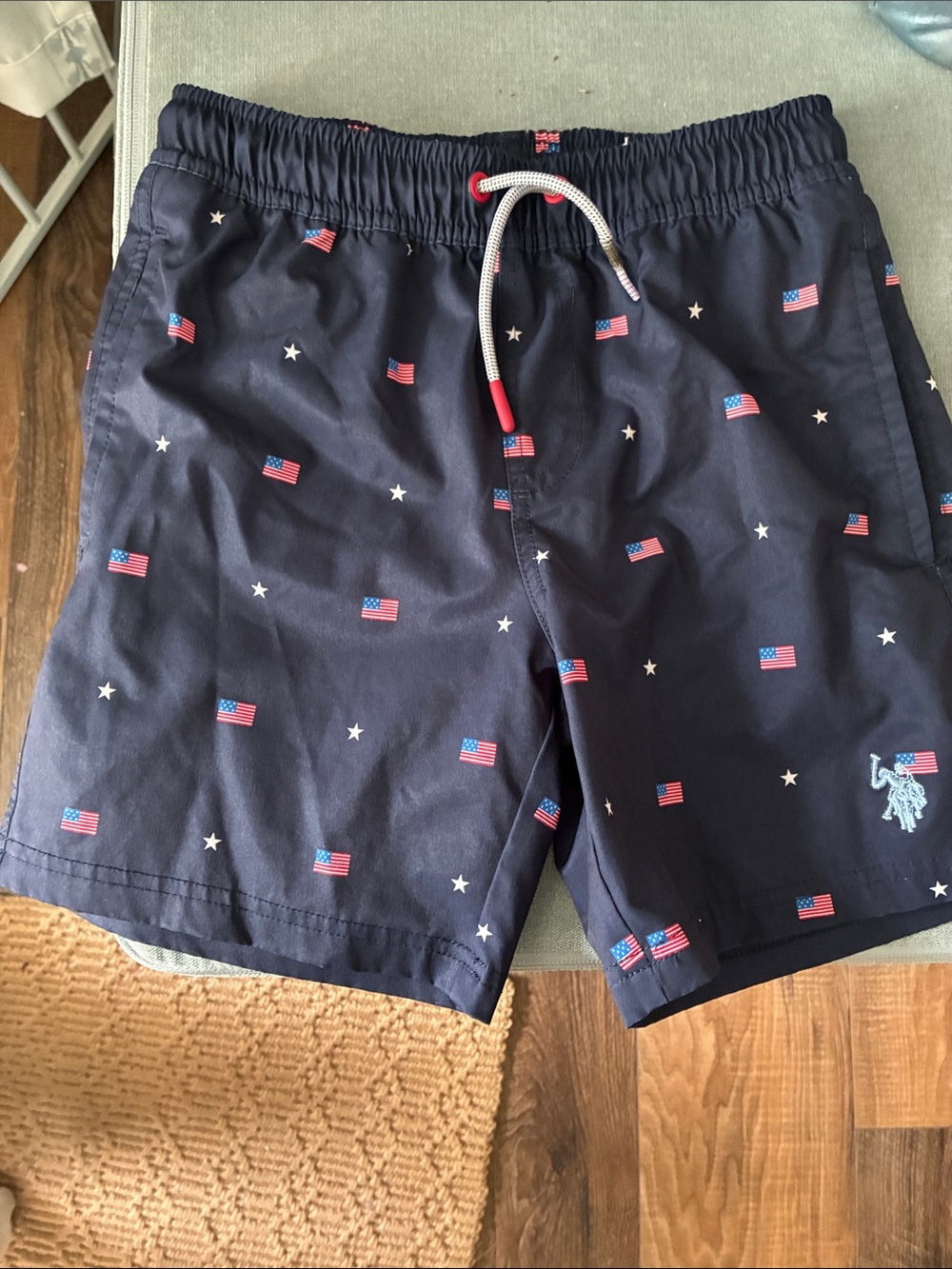 U.S. Polo Assn. Navy Blue Flag-Print Kids Swim Shorts.  Great for 4th of July